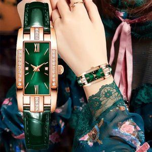 Vintage Rectangle Ladies Quartz Watch with Rhinestone, Roman Numeral Dial Green